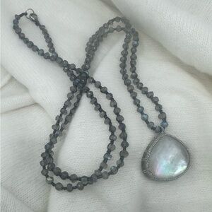 Danielle Welmond Mother of Pearl and Labradorite Pendant Necklace w Gold Thread